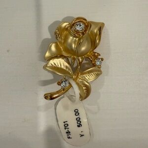 Filson Elegant Gold Rose Brooch with Crystal Accents